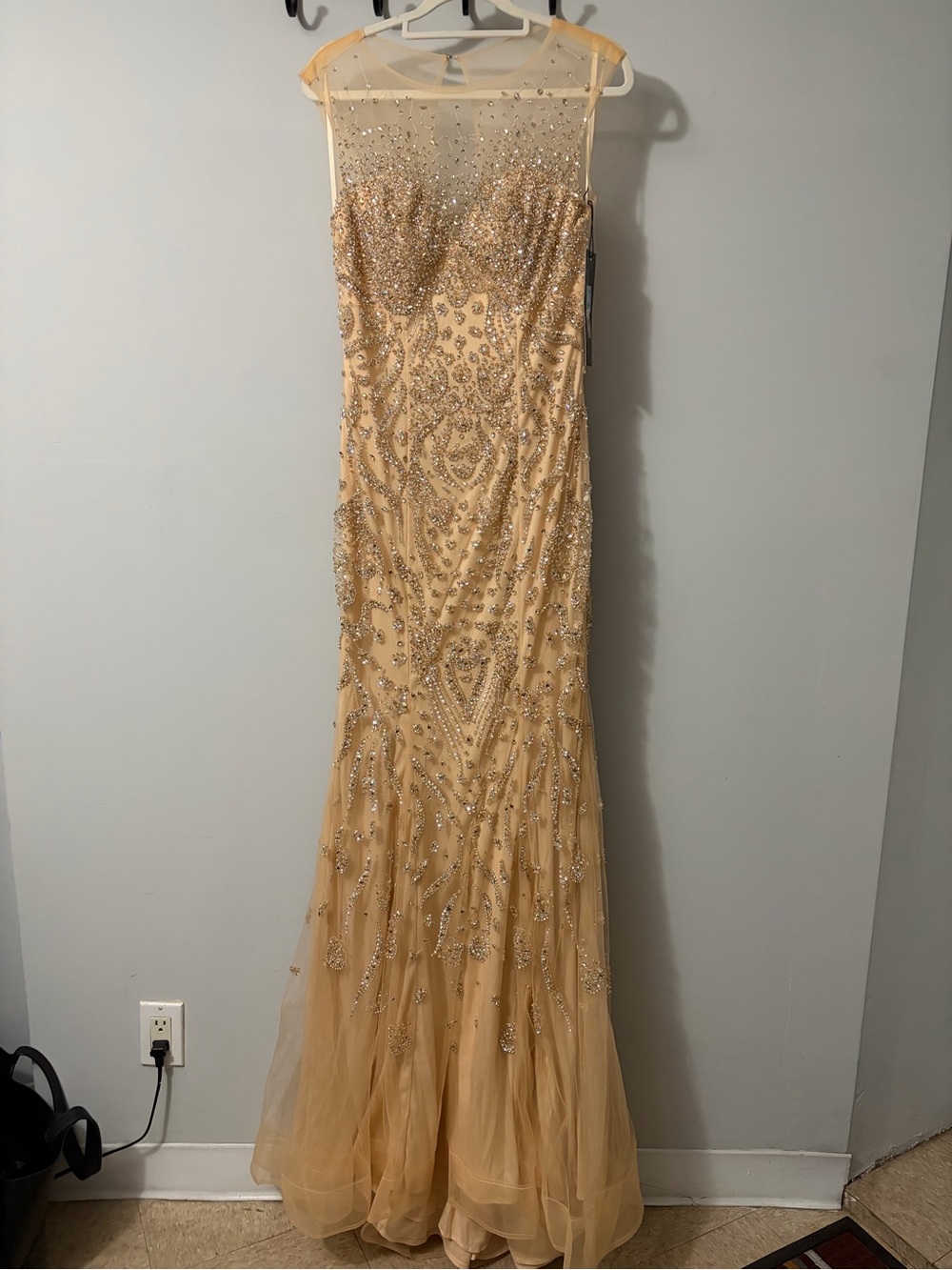 Beaded Illusion Neckline Evening Gown - Champagne